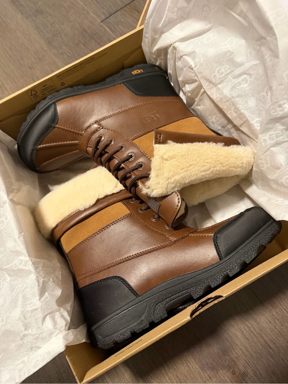 UGG Kids Brown and Black Leather Shearling Winter Boots Butte II